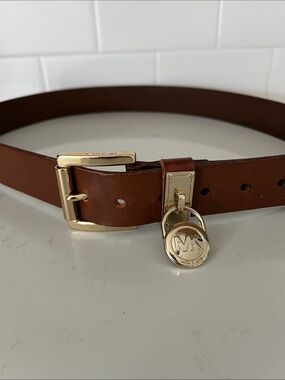 Michael Kors Brown Leather Belt with Gold MK Charm and Buckle